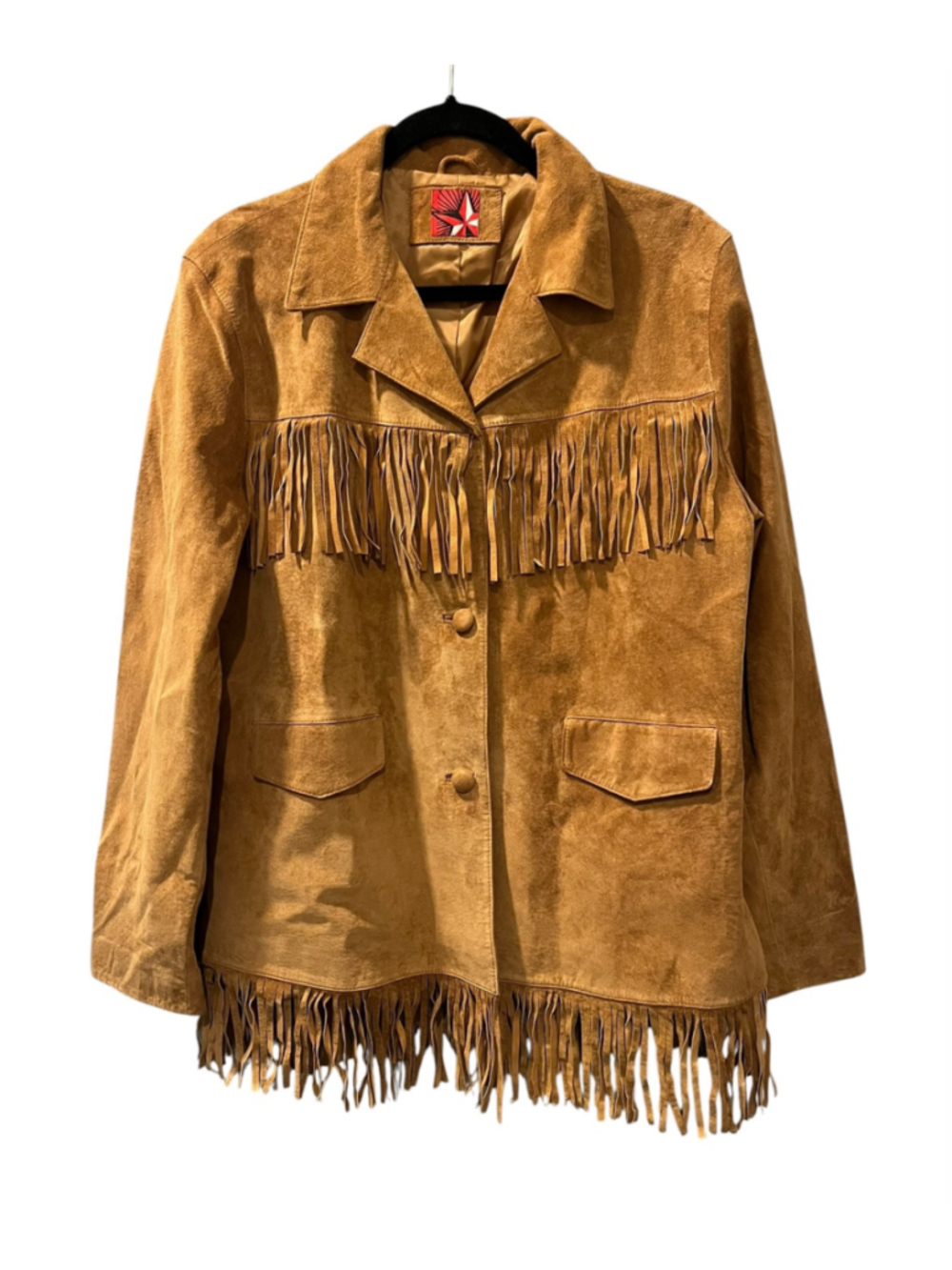 Vintage 90s Marlboro Red Star Suede Leather Fringe Western Jacket Boho Cowboy XL
